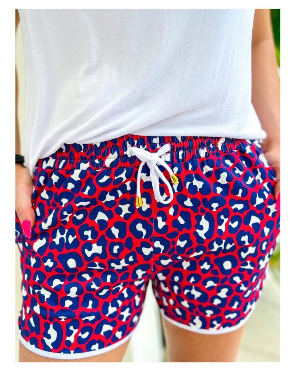 Adult Party in the USA Red White and Blue Leopard Drawstring Everyday Shorts